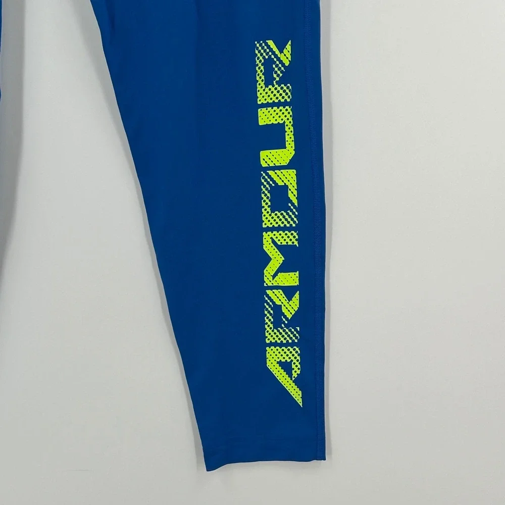 Under Armour Mens HeatGear Compression Leggings Blue Neon Yellow Graphic Medium